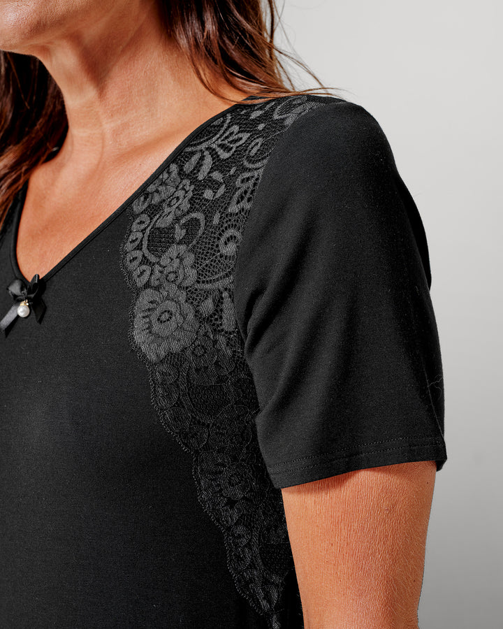 Romantic Short Sleeve Night Dress Black