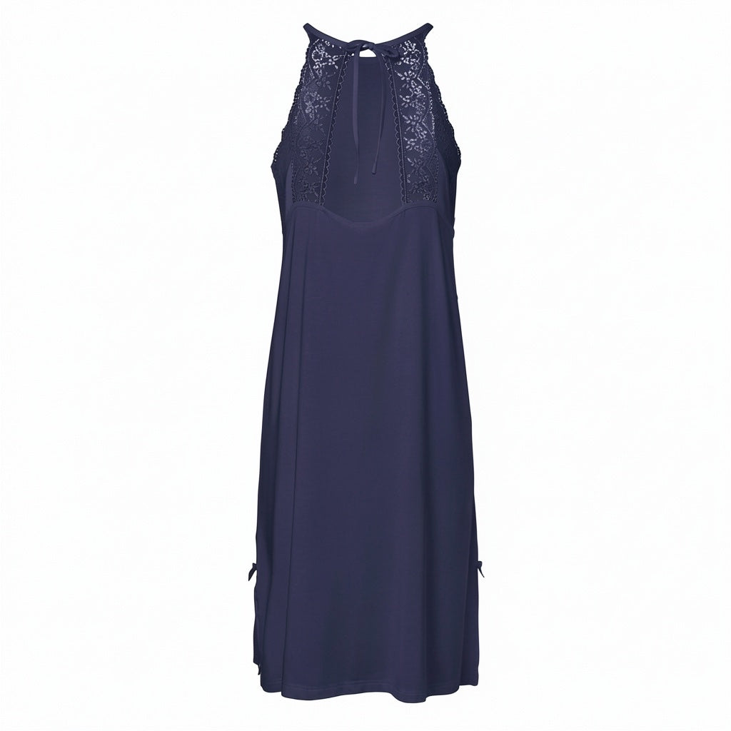 Halterneck Night Dress With Lace Navy